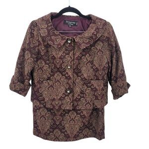 Vintage 8P Petite Womens Tapestry Skirt Set Burgundy Gold Medallion Jacquard